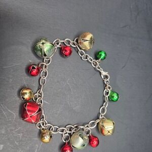 Jingle Bell Charm Bracelet Holiday Christmas Jewelry Silver Tone Red Green Gold